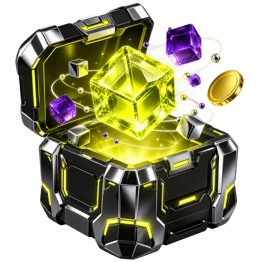 An open chrome arcade vault with a glowing yellow data cube and floating digital treasures.